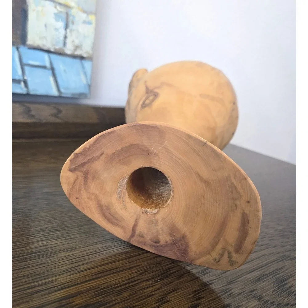 Turned Wooden Vase Rustic Knotty Asymmetrical Flared Rim Solid Piece of Wood 15
